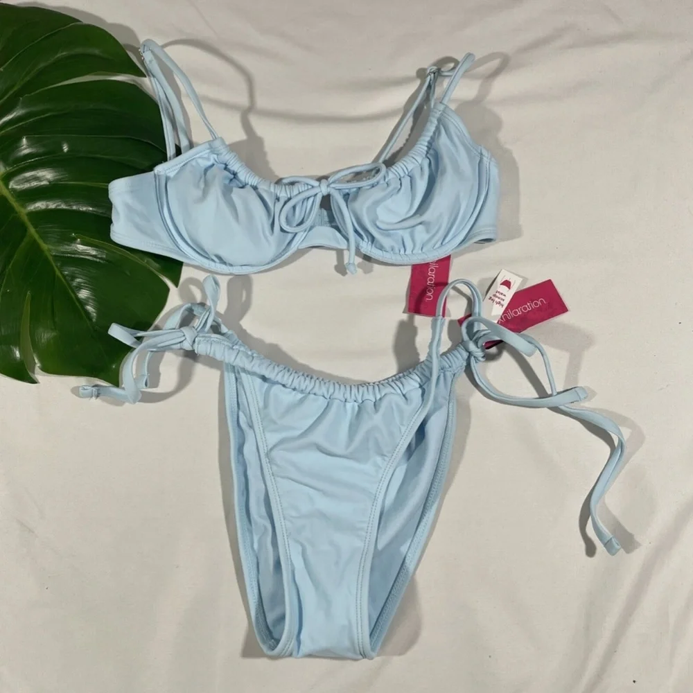 NWD Xhilaration‎ [ Medium ] Shirred Bikini Top + High Leg Bottom Light Blue